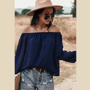 NWOT Women's Off the Shoulder Navy Dot Blouse Size M